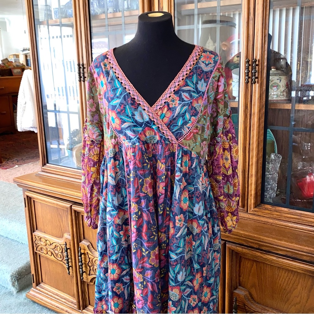 NWT Sundance Catalog Jewel Tone Floral Peasant Dress Sz L $158